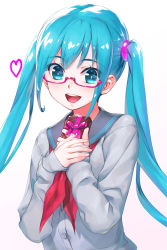 Rule 34 | 1girl, :d, aqua hair, bespectacled, blue eyes, box, commentary request, gift, gift box, glasses, hatsune miku, highres, long hair, open mouth, pink-framed eyewear, purple ribbon, ribbon, school uniform, serafuku, smile, solo, teeth, twintails, upper teeth only, vocaloid, wacchi, white background