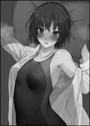Rule 34 | 1girl, amagami, armpits, arms behind head, bad id, bad pixiv id, bare shoulders, black border, black hair, blush, border, breasts, breath, collarbone, competition swimsuit, dress shirt, greyscale, hair between eyes, hair strand, highres, holding, holding pillow, long sleeves, looking at viewer, medium breasts, messy hair, mobu, monochrome, nanasaki ai, off shoulder, one-piece swimsuit, open clothes, open mouth, pillow, shirt, short hair, solo, swimsuit, swimsuit under clothes, unbuttoned, undressing, upper body