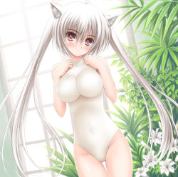 Rule 34 | 1girl, animal ears, breasts, cat ears, flower, highres, impossible clothes, impossible shirt, leotard, long hair, norita, original, plant, red eyes, shirt, solo, twintails, white hair