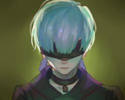 Rule 34 | 1boy, 9s (nier:automata), black blindfold, black choker, blindfold, choker, green background, male focus, nier:automata, nier (series), parted lips, portrait, red cucumber, solo, upper body, white hair