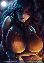 Rule 34 | 1girl, @ @, alternate breast size, backlighting, bare shoulders, black choker, black hair, breasts, chocoraptor, choker, commentary, covered erect nipples, creatures (company), english commentary, full moon, game freak, hair over one eye, hex maniac (pokemon), highres, holding own arm, huge breasts, impossible clothes, impossible sweater, lips, long hair, looking at viewer, messy hair, moon, moonlight, naked sweater, night, nintendo, off-shoulder sweater, off shoulder, out-of-frame censoring, pokemon, pokemon xy, purple eyes, ribbed sweater, solo, sweater, very long hair, watermark, web address