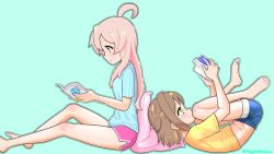 Rule 34 | 2girls, ahoge, aqua background, artist name, bare arms, bare legs, barefoot, blue shirt, blue shorts, book, brown eyes, brown hair, commentary, dolphin shorts, fang, fang out, feet, from side, full body, genderswap, genderswap (mtf), green eyes, happyundergate, highres, holding, holding book, legs up, long hair, lying, multicolored hair, multiple girls, oka asahi, on back, onii-chan wa oshimai!, orange hair, oyama mahiro, pillow, pink hair, pink shorts, profile, reading, shirt, short hair, short shorts, short sleeves, shorts, simple background, sitting, smile, t-shirt, toe scrunch, toes, twitter username, two-tone hair, two side up, yellow shirt
