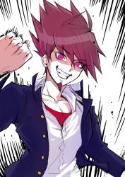 Rule 34 | 1boy, blue jacket, clenched hand, clenched teeth, collarbone, danganronpa (series), danganronpa v3: killing harmony, fangs, grin, hand up, highres, jacket, long sleeves, male focus, medium hair, momota kaito, open clothes, open jacket, pink eyes, pink hair, red shirt, shirt, smile, solo, spiked hair, teeth, ttegi (ddeck dg), upper body, white background, white shirt