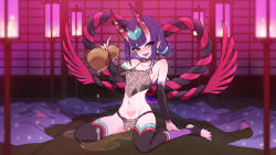 Rule 34 | 1girl, alcohol, bare shoulders, black fundoshi, blush, breasts, chinese clothes, collarbone, covered erect nipples, dantyo0, detached sleeves, dudou, earrings, eyeliner, fate/grand order, fate (series), forehead jewel, fundoshi, gourd, highres, horns, japanese clothes, jewelry, looking at viewer, low twintails, makeup, navel, oni, open mouth, pointy ears, purple eyes, purple hair, rope, sake, shawl, short eyebrows, short hair, short twintails, shuten douji (fate), shuten douji (fate/grand order), shuten douji (halloween caster) (fate), sitting, skin-covered horns, small breasts, smile, star (symbol), star print, toeless legwear, twintails, wariza, wet, wet clothes