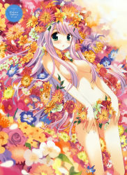 Rule 34 | 1girl, :o, absurdres, areola slip, blush, breasts, censored, chestnut mouth, colorful, convenient censoring, eyes visible through hair, field, flower, flower field, green eyes, hair censor, hair over breasts, highres, large breasts, light purple hair, long hair, navel, nude, outdoors, purple hair, sakura koharu, solo, swept bangs, very long hair, yonic symbol