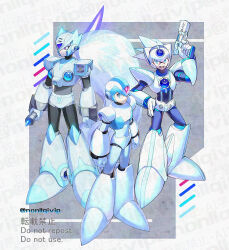 Rule 34 | 3boys, alternate color, android, armor, axl (mega man), blue armor, blue hair, blue helmet, chest jewel, cross scar, energy sword, forehead jewel, full body, green eyes, gun, helmet, holding, holding gun, holding sword, holding weapon, light blue hair, long hair, male focus, mega man (series), mega man x (series), multiple boys, reverse grip, scar, scar on face, shoulder armor, spiked hair, sword, twitter username, watermark, weapon, white armor, white hair, white helmet, x (mega man), yamanashi taiki, z saber, zero (mega man)