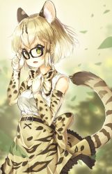 Rule 34 | 10s, 1girl, absurdres, adjusting eyewear, animal ears, animal ears (norankkori), bare shoulders, blonde hair, bow, bowtie, cat ears, cat tail, commentary request, cowboy shot, elbow gloves, extra ears, glasses, gloves, green eyes, hand on eyewear, hand on own chest, high-waist skirt, highres, kemono friends, margay (kemono friends), margay print, multicolored hair, pleated skirt, short hair, skirt, sleeveless, solo, tail, white hair