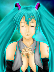 Rule 34 | 1girl, aqua hair, bad id, bad pixiv id, closed eyes, detached sleeves, gradient background, hatsune miku, own hands clasped, own hands together, solo, tk8d32, twintails, vocaloid