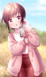 Rule 34 | 1girl, blurry, blurry background, blush, bow, braid, brown hair, cable knit, cardigan, coffee cup, cup, disposable cup, drink, hair bow, hair bun, hair pulled back, highres, holding, holding cup, jewelry, mmmera827, open mouth, original, outdoors, pink eyes, plaid, plaid skirt, ring, skirt, sky, solo, sweater, turtleneck, turtleneck sweater, wedding ring