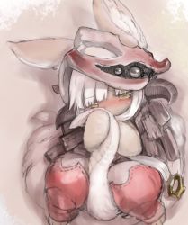 Rule 34 | 1girl, animal ears, blush, furry, furry female, long hair, looking at viewer, made in abyss, nanachi (made in abyss), rabbit ears, solo, tail, tsukushi akihito, white hair, yellow eyes