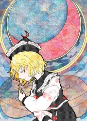 Rule 34 | 1girl, black hat, black skirt, black vest, blonde hair, closed eyes, closed mouth, cloud, crescent, frilled hat, frills, from side, hat, highres, instrument, itomugi-kun, long sleeves, lunasa prismriver, moon, night, night sky, outdoors, shirt, short hair, skirt, sky, solo, stained glass, star (symbol), touhou, upper body, vest, violin, white shirt