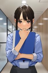 Rule 34 | 1girl, black skirt, blue shirt, blush, brown eyes, brown hair, closed mouth, commentary request, douki-chan (douki-chan), eye reflection, ganbare douki-chan, hall, highres, holding, id card, indoors, lanyard, long sleeves, looking at viewer, reflection, shirt, short hair, sidelocks, skirt, solo, straight-on, yomu (sgt epper)