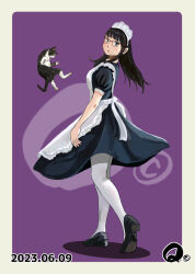 Rule 34 | 1girl, apron, black footwear, black hair, cat, dated, glasses, looking at viewer, looking back, maid, maid apron, maid headdress, mole, mole under eye, original, pantyhose, purple background, q98780409, simple background, solo, standing, white pantyhose