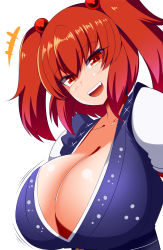 Rule 34 | 1girl, blue dress, blue kimono, breasts, cleavage, dress, gero zoukin, hair bobbles, hair ornament, highres, japanese clothes, kimono, large breasts, onozuka komachi, red eyes, red hair, short hair, simple background, solo, touhou, two side up, white background