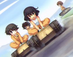 Rule 34 | 10s, 4girls, :o, arm support, black footwear, black hair, blue eyes, blurry, blurry background, brown eyes, brown hair, chromatic aberration, clothes pull, commentary request, dark-skinned female, dark skin, day, dust cloud, dutch angle, explosive, frown, girls und panzer, gloves, goliath tracked mine, green eyes, hoshino (girls und panzer), indian style, jumpsuit, long sleeves, looking at another, looking at viewer, mechanic, messy hair, mine (weapon), multiple girls, nakajima (girls und panzer), open mouth, orange jumpsuit, outdoors, riding, road, sankuma, shirt, shirt pull, shoes, short hair, sitting, sky, smile, standing, suzuki (girls und panzer), tank top, tied shirt, tsuchiya (girls und panzer), v-shaped eyebrows, v arms, white gloves, white shirt