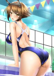 Rule 34 | 10s, 1girl, ass, back, backless outfit, bare shoulders, blush, breasts, brown eyes, brown hair, competition swimsuit, curvy, covered erect nipples, female focus, from behind, hairband, headgear, huge ass, kantai collection, large breasts, looking at viewer, looking back, mutsu (kancolle), one-piece swimsuit, open mouth, shibata rai, short hair, solo, swimsuit, thick thighs, thighs, wet, wide hips