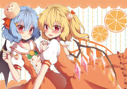Rule 34 | 2girls, :d, alternate costume, bat wings, beni kurage, blonde hair, blue hair, blush, cake hair ornament, cake hat, collarbone, commentary request, cowboy shot, crystal, dress, fang, fang out, fingernails, flandre scarlet, food, food-themed hair ornament, fork, fruit, hair between eyes, hair ornament, hair ribbon, hairclip, hand up, head tilt, highres, holding, holding fork, holding hands, interlocked fingers, leaf, leaning back, looking at viewer, multiple girls, no headwear, open mouth, orange (fruit), orange dress, orange ribbon, orange slice, puffy short sleeves, puffy sleeves, red eyes, remilia scarlet, ribbon, sailor collar, short hair, short sleeves, siblings, side ponytail, sisters, smile, standing, touhou, white background, wings