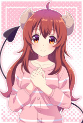Rule 34 | 1girl, ahoge, blush, breasts, brown hair, closed mouth, commentary request, demon girl, demon horns, demon tail, hair between eyes, halftone, halftone background, hands up, highres, horns, long hair, long sleeves, machikado mazoku, outline, own hands together, pink shirt, puffy long sleeves, puffy sleeves, red eyes, shirt, small breasts, smile, solo, tail, upper body, very long hair, white outline, x-6, yoshida yuuko (machikado mazoku)