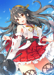 Rule 34 | 10s, 1girl, :d, black hair, blush, commentary request, detached sleeves, hairband, haruna (kancolle), headgear, kantai collection, long hair, looking at viewer, nontraditional miko, open mouth, partially submerged, riichu, smile, solo, yellow eyes