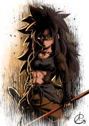 Rule 34 | 1girl, abs, benoit picard, black hair, body fur, bracer, breasts, closed mouth, collarbone, crop top, dragon ball, dragon ball gt, highres, holding, holding staff, holding weapon, long hair, looking at viewer, medium breasts, monkey tail, muscular, muscular female, pan (dragon ball), pants, red eyes, serious, solo, staff, standing, super saiyan, super saiyan 4, tail, weapon