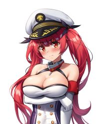 Rule 34 | 1girl, azur lane, bare shoulders, breast hold, breasts, buttons, chain, cleavage, double-breasted, elbow gloves, gloves, hat, highres, holiday (pangjelly), honolulu (azur lane), large breasts, looking at viewer, military hat, peaked cap, red eyes, red hair, resolution mismatch, simple background, skin tight, solo, source smaller, upper body, white background, white gloves