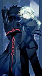 Rule 34 | 1boy, 1girl, amemasu79, artoria pendragon (all), artoria pendragon (fate), black coat, black gloves, black hair, black jacket, black necktie, black pants, bracelet, bullpup, coat, commentary request, emiya kiritsugu, excalibur morgan (fate), expressionless, fate/zero, fate (series), formal, gloves, gun, hand on hilt, highres, jacket, jewelry, long hair, looking at viewer, necktie, pants, ponytail, rifle, saber (fate), saber alter, sniper rifle, sword, walther, walther wa 2000, weapon, white hair, yellow eyes
