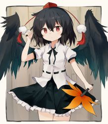 Rule 34 | 1girl, ar (maeus), arm up, black hair, black ribbon, black skirt, black wings, blouse, border, collared shirt, cowboy shot, cropped legs, feathered wings, hair between eyes, hand fan, hat, hauchiwa, holding, holding fan, holding pen, looking at viewer, neck ribbon, outside border, pen, petticoat, pom pom (clothes), puffy short sleeves, puffy sleeves, red eyes, red hat, ribbon, shameimaru aya, shirt, short hair, short sleeves, skirt, solo, tokin hat, touhou, white border, white shirt, wings