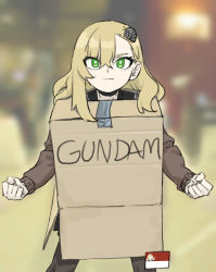Rule 34 | 1girl, blonde hair, blurry, blurry background, box, brown pants, brown sweater, cardboard box, cardboard box gundam, clenched hands, closed mouth, duct tape, green eyes, highres, insect hair ornament, long hair, long sleeves, looking at viewer, matangom, matangomu-chan, original, pants, pillbug, serious, solo, sweater, underwear