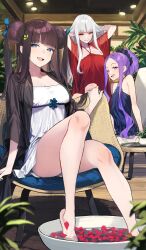 Rule 34 | 3girls, 92m, arms behind head, arms up, bare shoulders, black shirt, blue dress, blue eyes, blush, breasts, carmilla (fate), chair, cleavage, collarbone, double bun, dress, fate/grand order, fate (series), forehead, hair bun, hair ornament, large breasts, leaf hair ornament, long hair, long sleeves, looking at viewer, multiple girls, open clothes, open shirt, parted bangs, purple eyes, purple hair, red dress, shirt, sidelocks, single hair bun, sitting, small breasts, smile, textless version, twintails, very long hair, white dress, white hair, wu zetian (fate), yang guifei (fate), yellow eyes
