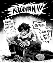 Rule 34 | 2boys, bakugou katsuki, blood, blood on chest, blood on face, bodysuit, boku no hero academia, cape, comic, commentary, crying, crying with eyes open, daniartonline, english commentary, english text, gloves, greyscale, hand on another&#039;s chest, highres, knee pads, looking at another, male focus, midoriya izuku, monochrome, multiple boys, open mouth, short hair, speech bubble, spiked hair, squatting, tears