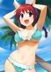 Rule 34 | 1girl, :d, arms up, ball, beachball, bikini, blue bikini, blue eyes, blush, braid, breasts, cleavage, day, frilled bikini, frills, holding, holding ball, large breasts, lens flare, moe2018, navel, ocean, onao, open mouth, original, outdoors, palm tree, red hair, side-tie bikini bottom, smile, solo, stomach, swimsuit, tree, twin braids, underboob
