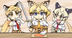 Rule 34 | 3girls, puff of air, animal ear fluff, animal ears, arm at side, bare shoulders, blonde hair, blush, bow, camera, carrot, chibi, closed mouth, clouded leopard (kemono friends), collared shirt, commentary request, corset, cutting board, elbow gloves, empty eyes, excited, extra ears, food, gloves, hair between eyes, hair bow, hand up, holding, holding camera, holding sword, holding weapon, kemono friends, long hair, looking at another, looking at object, low ponytail, medium hair, multicolored hair, multiple girls, necktie, nervous, nose blush, open mouth, plaid necktie, puffy short sleeves, puffy sleeves, raised eyebrow, ringed eyes, saber (weapon), shirt, short sleeves, sleeveless, sleeveless shirt, smile, smilodon (kemono friends), srd (srdsrd01), sweatdrop, sword, upper body, vegetable, very long hair, weapon, white hair, white shirt, wide-eyed, wing collar, yellow eyes