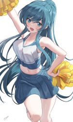 Rule 34 | 1girl, :d, absurdres, aqua eyes, aqua hair, aqua skirt, arm up, armpits, blush, breasts, cheerleader, closed mouth, commentary request, hand on own hip, highres, holding, holding pom poms, jaku-chara tomozaki-kun, long hair, looking at viewer, may9, medium breasts, midriff peek, nanami minami, navel, open mouth, pleated skirt, pom pom (cheerleading), pom poms, ponytail, shirt, sidelocks, simple background, skirt, smile, solo, white background, white shirt