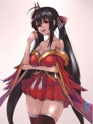 Rule 34 | 1girl, ahoge, azur lane, bare shoulders, black hair, black thighhighs, blurry, breasts, cleavage, collarbone, commentary request, cowboy shot, depth of field, dress, elbow on arm, feather-trimmed sleeves, feather trim, feathers, gluteal fold, hair between eyes, hair ornament, hair ribbon, hand up, highres, huge breasts, japanese clothes, kimono, kz (kazuma-rising), long hair, looking at viewer, mask, mask on head, obi, off shoulder, partial commentary, pleated dress, red dress, red eyes, ribbon, saliva, saliva trail, sash, seductive smile, shiny skin, short dress, sidelocks, smile, solo, standing, taihou (azur lane), teeth, thighhighs, tongue, tongue out, tsurime, upper teeth only, very long hair, wide sleeves