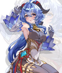 Rule 34 | 1girl, ahoge, arm up, armpits, bare shoulders, blue hair, bodystocking, breasts, commentary, detached sleeves, ganyu (genshin impact), genshin impact, gloves, grey gloves, high-waist skirt, highres, horns, jimi paradise, long hair, long sleeves, looking at viewer, medium breasts, orange eyes, parted lips, simple background, sitting, skirt, thighs, very long hair, white background, white skirt, zoom layer