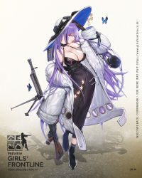 Rule 34 | 1girl, black dress, black flower, black footwear, black gloves, black hat, blue hat, breasts, buckle, bug, butterfly, character name, clothes writing, coat, dress, elbow gloves, flower, full body, fur collar, fur trim, girls&#039; frontline, gloves, gun, hand on own head, hat, hat flower, highres, insect, large breasts, long hair, long sleeves, multicolored clothes, multicolored hair, multicolored hat, off shoulder, official art, parted lips, pink eyes, profile, purple hair, snap-fit buckle, solo, star (symbol), streaked hair, weapon, white hat, whoisshe, zb-26 (girls&#039; frontline), zb 26, zipper