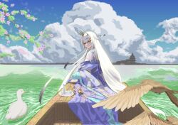 Rule 34 | 1girl, absurdres, animal, bananabeta, bird, blue kimono, boat, branch, cherry blossoms, cloud, cloudy sky, cup, duck, fairy knight lancelot (dream portrait) (fate), fate/grand order, fate (series), flower, forked eyebrows, gradient hair, hair ornament, highres, horizon, japanese clothes, karaginu mo, kimono, layered clothes, layered kimono, long hair, long sleeves, looking at viewer, looking back, melusine (dream portrait) (fate), melusine (fate), multicolored clothes, multicolored hair, multicolored kimono, obi, official alternate costume, patterned clothing, petals, plate, sash, sidelocks, sitting, sky, skyline, solo, very long hair, water, watercraft, white hair, wide sleeves, yellow eyes