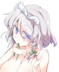 Rule 34 | 1girl, blue eyes, blush, braid, breasts, collarbone, commentary request, fumitsuki (minaduki 6), green ribbon, hair between eyes, hair ribbon, hands up, izayoi sakuya, large breasts, looking down, maid headdress, mouth hold, nail polish, nude, out-of-frame censoring, pink nails, ribbon, short hair, side braid, silver hair, simple background, single braid, solo, touhou, tying, upper body, white background