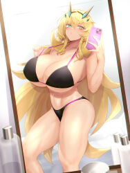 Rule 34 | 1girl, bare shoulders, barghest (fate), bikini, blonde hair, breasts, cleavage, collarbone, fate/grand order, fate (series), green eyes, highres, huge breasts, long hair, looking at viewer, minami koyogi, navel, solo, swimsuit, thighs