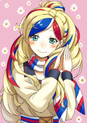 Rule 34 | 1girl, belt, blonde hair, blue eyes, blue hair, commandant teste (kancolle), floral background, kantai collection, long hair, looking at viewer, mayura (lucadia), multicolored clothes, multicolored hair, multicolored scarf, own hands together, pink background, plaid, plaid scarf, ponytail, red hair, scarf, smile, solo, streaked hair, swept bangs, upper body, wavy hair, white hair