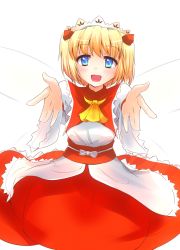 Rule 34 | 1girl, blonde hair, blue eyes, bow, fairy wings, hair bow, headdress, milfy oira, open mouth, outstretched arms, solo, sunny milk, touhou, twintails, white background, wide sleeves, wings