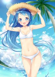 Rule 34 | 10s, 1girl, :d, alternate costume, arms up, backlighting, bare arms, bikini, blue eyes, blue hair, blue sky, blue theme, blush, breasts, brown hat, cleavage, cloud, collarbone, cowboy shot, day, diffraction spikes, fisheye, hat, highres, horizon, kantai collection, kazuma (kazumav), lens flare, long hair, looking at viewer, matching hair/eyes, navel, open mouth, outdoors, palm tree, plant, ribbon, round teeth, samidare (kancolle), shore, side-tie bikini bottom, sky, small breasts, smile, solo, sparkle, splashing, standing, straw hat, summer, sun, sunlight, swimsuit, teeth, tree, very long hair, water, water drop, white bikini, white ribbon