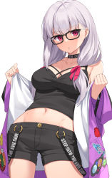 Rule 34 | 1girl, absurdres, bare shoulders, black-framed eyewear, black choker, black shirt, black shorts, breasts, choker, collarbone, cowboy shot, crop top, fate/grand order, fate (series), glasses, highres, jacket, kama (fate), kama (tour outfit) (fate), long hair, long sleeves, looking at viewer, medium breasts, midriff, navel, off shoulder, open clothes, open jacket, parted lips, purple jacket, red eyes, shirt, short shorts, shorts, simple background, sleeveless, sleeveless shirt, solo, suiroh (shideoukami), sweat, white background, white hair