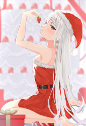 Rule 34 | 1girl, arm up, barefoot, blurry, blurry background, blurry foreground, blush, box, breasts, brown eyes, candy, candy cane, christmas, commentary request, depth of field, dress, food, fruit, fur-trimmed dress, fur-trimmed headwear, fur trim, gift, gift box, hair between eyes, hat, highres, hikashou, holding, holding food, long hair, off-shoulder dress, off shoulder, original, parted lips, red dress, red hat, santa costume, santa hat, sitting, small breasts, solo, strawberry, very long hair, wariza, white hair