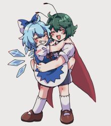 Rule 34 | 2girls, antennae, black cape, blue bow, blue dress, blue hair, blue shorts, bobotatamu, bow, brown footwear, cape, cirno, closed eyes, dress, green hair, grin, happy, highres, ice, ice wings, mary janes, multiple girls, open mouth, puffy short sleeves, puffy sleeves, red cape, shirt, shoes, short hair, short sleeves, shorts, simple background, smile, socks, standing, touhou, white background, white shirt, white socks, wings, wriggle nightbug