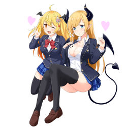 Rule 34 | 2girls, ;d, absurdres, ahoge, blazer, blonde hair, blue eyes, blush, bow, bowtie, breast tattoo, breasts, cleavage, collarbone, collared shirt, demon girl, demon horns, demon tail, demon wings, fang, felutiahime, hair ornament, hair ribbon, hairclip, hand up, head wings, highres, hololive, horns, jacket, large breasts, loafers, long hair, looking at viewer, multiple girls, one eye closed, open mouth, plaid, pointy ears, ribbon, shirt, shoes, skin fang, smile, tail, tattoo, thighhighs, tress ribbon, vampire, virtual youtuber, wing tattoo, wings, yozora mel, yuzuki choco