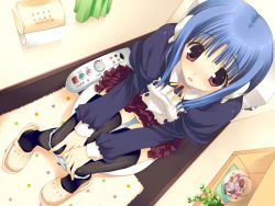 Rule 34 | 1girl, bathroom, bidet, black shirt, black thighhighs, blue hair, blush, brown eyes, clothes lift, curtains, ilfa (to heart), long sleeves, looking at viewer, mitsumi misato, neck ribbon, open mouth, panties, panty pull, peeing, plant, potted plant, puffy sleeves, red skirt, ribbon, robot ears, shirt, short hair, sitting, skirt, skirt lift, slippers, sweat, thighhighs, to heart (series), to heart 2, toilet, toilet paper, toilet use, underwear, white panties, yellow ribbon