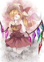 Rule 34 | 1girl, ascot, blonde hair, bow, crystal, finger to mouth, flandre scarlet, gradient background, hair over one eye, hat, hat bow, highres, looking at viewer, ocean (2224446), open mouth, puffy sleeves, red eyes, shirt, short sleeves, side ponytail, skirt, skirt set, skull, solo, touhou, vest, wings