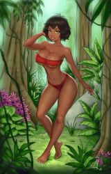 Rule 34 | 1girl, barefoot, black hair, dark-skinned female, dark skin, disney, feet, genderswap, genderswap (mtf), green eyes, loincloth, mowgli, short hair, the jungle book, toes