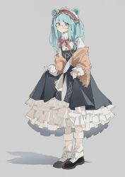 Rule 34 | 1girl, absurdres, animal ears, aqua hair, arknights, bear ears, bear girl, black dress, black footwear, bloomers, blue eyes, chaoyugan, closed mouth, commentary request, dress, flower, frilled hairband, frills, full body, grey background, hairband, highres, istina (arknights), istina (bibliosmia) (arknights), long hair, long sleeves, looking at viewer, monocle, neckerchief, official alternate costume, red hairband, red neckerchief, sarafan, shoes, simple background, skirt hold, smile, socks, solo, striped clothes, striped hairband, underwear, white bloomers, white dress, white flower, white socks